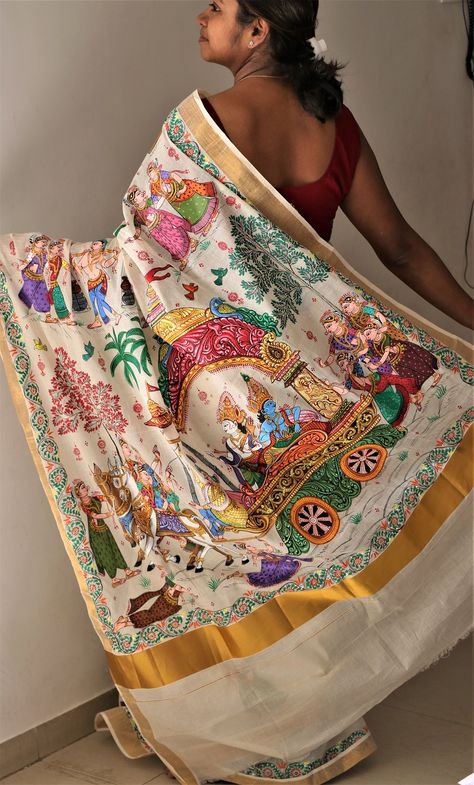 Advaita Handicrafts hand painted Patachitra saree - Krishna Mathura Gaman - Sarees Women Apparel | World Art Community Patachitra Saree, Patachitra Paintings, Saree For Women Indian, Handmade Saree, Women Artist, Saree Painting Designs, Saree Painting, Layered Tunic, Hand Painted Sarees