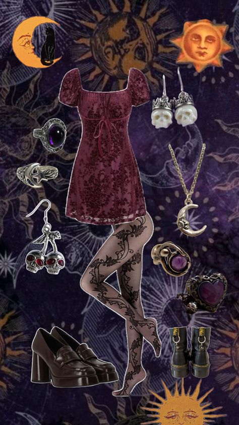 Fairy Goth Outfit, Tights Loafers, Dark Whimsigoth, Whimsigoth Dress, Maximalist Outfit, Maximalist Outfits, Star Skull, Rings Purple, Witchy Outfits