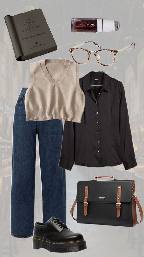 #darkacademia #darkaesthetic #academia #library #reading #bookish #backtoschool #study #studyaesthetic Easy Academia Outfit, Curvy Academia Fashion, Librarian Core Fashion, Simple Academia Outfit, Queer Academia Aesthetic, Cute Library Outfits, Scholarly Outfits, Dark Aesthetic Clothes Style, Librarian Core Aesthetic