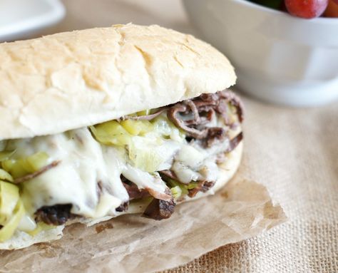 Italian Pepperoncini Roast Hoagie Pepperoncini Roast Slow Cooker, Pepperoncini Roast, Roast With Pepperoncini, Pot Roast Sandwiches, Cheesesteak Recipe, Easy Crockpot Dinners, Cheese Steak Sandwich, French Dip Sandwich, Slow Cooker Roast