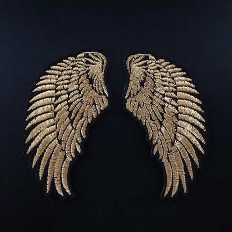 1 Pair Gold Silver Wings Fashion Embroidery Patches DIY Stickers Iron On Patch Badge Appliques For Clothing Jacket Jeans _ - AliExpress Mobile Wing Embroidery, Safety Pin Wings Jacket, Wings Embroidery, Gold Wings Aesthetic, Golden Wings Art, Embroidered Angel Wings, Gold Wings Logo, Cool Symbols, Gold Aesthetic