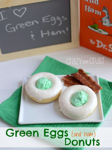 Green Eggs Donuts are perfect to celebrate Dr.Seuss' birthday! Serve with a side of bacon and you'll have Green Eggs & Ham! www.crazyforcrust.com #drseuss #donut #breakfast Coconut Milk Frosting, Happy Birthday Dr Seuss, Hot Spinach Dip, Happy Birthday Dr, Crazy For Crust, Eggs And Bacon, Canned Frosting, Seuss Party, Green Eggs And Ham