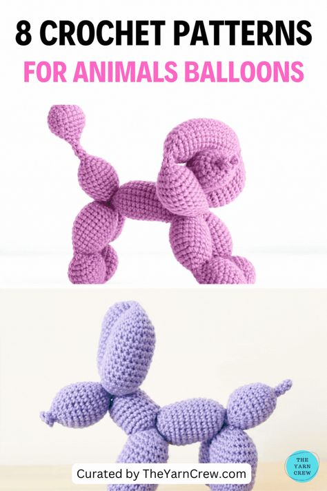 Discover the variety of balloon animal amigurumi crochet patterns available, from dogs and cats to giraffes and lions. These crochet patterns can be personalized with your favorite colors. Click to view the entire collection of patterns, what tools and yarns are needed and choose your favorite to make. Patterns curated by TheYarnCrew. Crochet Ballon Animals Pattern, Crochet Balloon Animal Free Pattern, Crochet Balloon Dog Free Pattern, Crochet Balloon Animal, Amigurumi Balloon, Crochet Balloon Dog, Yarn Balloon, Crochet Balloon, Toy Crochet Patterns