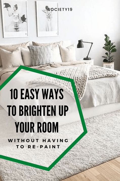 10 Easy Ways To Brighten Up Your Room Without Having To Re-Paint - Society19 Apartment Updates, Brighten Room, Bright Pillows, A Dark Room, Mirrored Picture Frames, White Comforter, Bright Paintings, Best Paint Colors, Chandelier Lighting Fixtures