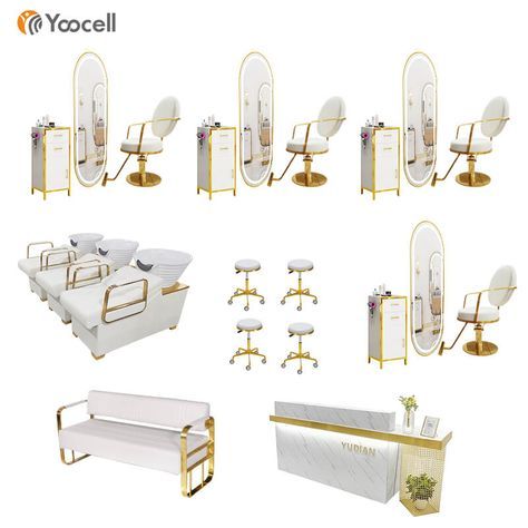 Beige And Gold Beauty Salon, Styling Chairs For Salon, White And Gold Hair Salon, Colorful Beauty Salon, Hair Salon Must Haves, White And Gold Salon, Salon Chairs Ideas, Classic Salon Design, Salon Furniture Ideas