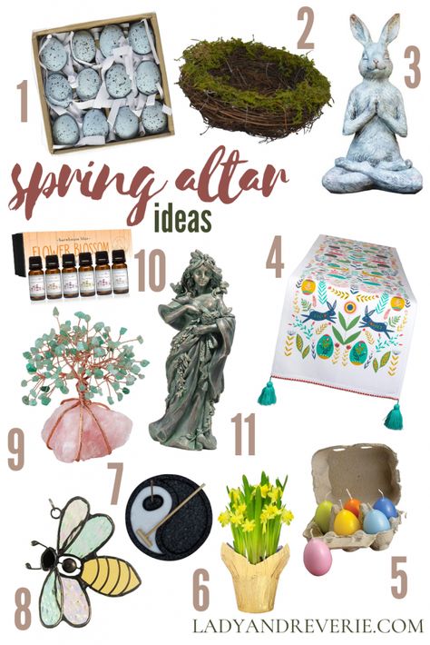 11 fun Ideas for your Spring decor or Ostara Altar this year and a crash course on why we include them in our decorations! Ostara Altar Decoration, Pagan Spring Decor, Witchy Spring Decor, Spring Equinox Altar, Spring Alter, Ostara Activities, Witchy Easter, Spring Equinox Party, Ostara Decor