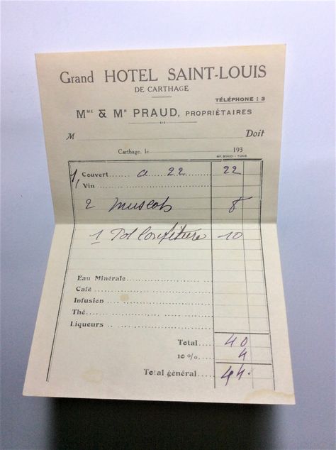 Receipt,  "Grand Hotel Saint Louis" De Carthage - Tunis Workshop Branding, Hotel Card, Vintage Hotel, Wedding Moodboard, Future Vision, Ticket Design, Vintage Hotels, Carthage, Wedding Mood Board