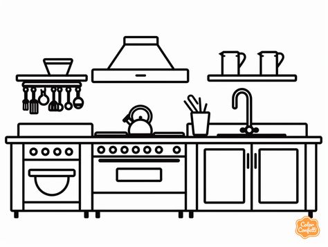 illustration of Colorful kitchen adventure Family Coloring Pages, Food Doodles, Star Coloring Pages, Unique Coloring Pages, Colorful Kitchen, Cozy Kitchen, Doodle Illustration, Black Kitchens, Kitchen Colors