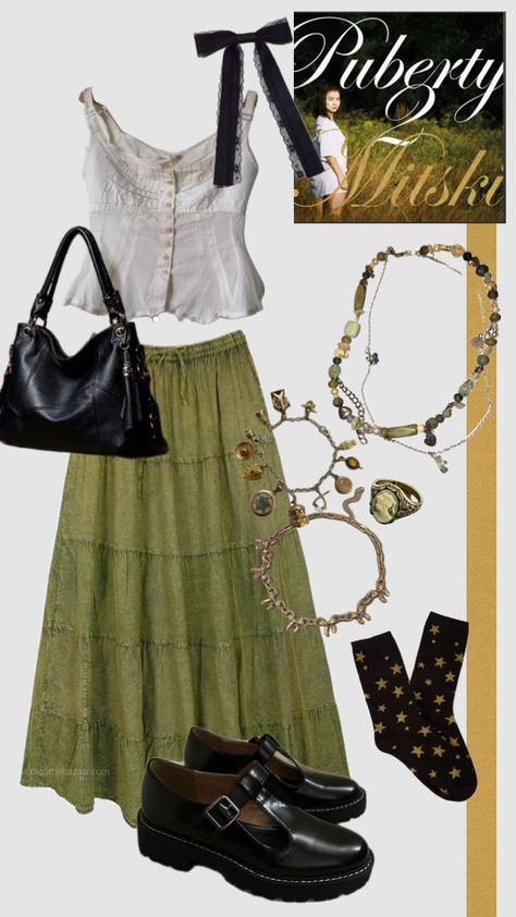 Mitski concert outfit inspired by puberty 2 #mitski #mitskishuffle #puberty2 #outfit #concert #album #music #gold #green Mitski Concert, Outfit Concert, Gold Outfit, Outfit Inspired, Boho Style Outfits, Fashion Aesthetics, Swaggy Outfits, Hippie Outfits, College Fashion