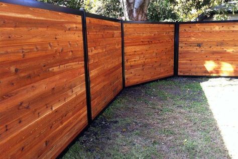 Horizontal Wood Fence With Metal Posts Fence With Metal Posts, Wood Fence Gates, Fence Planning, Wood Fence Post, Metal Fence Posts, Wood Privacy Fence, Wood Fence Design, Modern Fence Design, House Fence Design