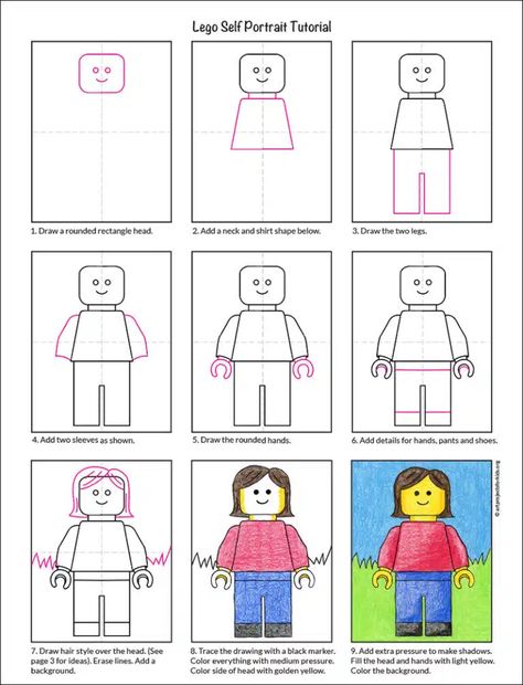 Easy How to Draw a Lego Self Portrait Tutorial and Coloring Page Lego Self Portrait, Self Portrait Template, Self Portrait Tutorial, Lego Portrait, Portrait Template, Lego Coloring, Lego Coloring Pages, Lego Head, Portrait Tutorial