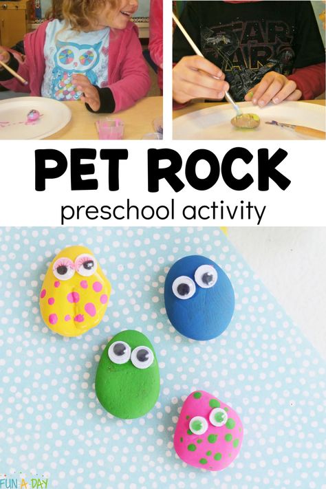 This pet rock craft is perfect for your next preschool, pre-k, or kindergarten rock, pet, or camping theme! Older children get a kick out of making pet rocks, too. Click on the Fun-A-Day.com link for the details. Rock Activities For Toddlers, Preschool Pet Theme Crafts, Pets Arts And Crafts Preschool, Pet Rocks For Kids, Preschool Pet Craft, Pet Rocks Craft, Rock Pets, Rock Study, Rocks Crafts