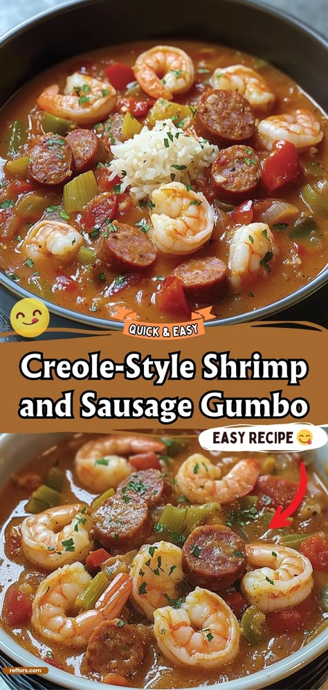 Immerse yourself in the rich, spicy flavors of the South with this Creole-Style Shrimp and Sausage Gumbo. Loaded with shrimp, sausage, and okra, and simmered in a savory broth, this gumbo is a hearty, satisfying dish that's full of tradition and taste. #ShrimpGumbo #CreoleCuisine #HeartyMeal Shrimp And Okra Recipes, Seafood Gumbo Recipe Louisiana, Gumbo Soup Recipe, Sausage And Shrimp Recipes, Sausage And Shrimp Gumbo, Shrimp Creole Recipe Easy, Gumbo Recipe Okra, Gumbo Recipe Crockpot, Shrimp Gumbo Recipe