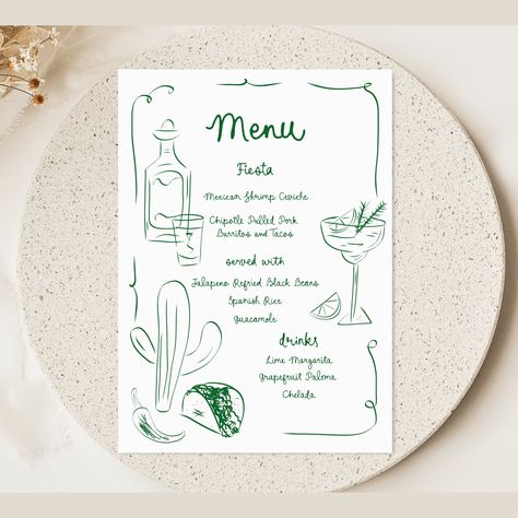 Green Mexican Inspired Menu Template printable, Hand drawn line art illustrated wedding party food menu, Whimsical menu scribble menu icons Menu Design Wedding, Wedding Party Food, Pulled Pork Burritos, Mexican Dinner Party, Rooftop Dinner, Party Food Menu, Rehearsal Dinner Menu, Mexican Menu, Menu Card Design