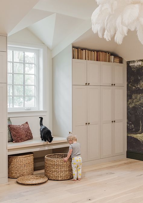 DIY Ikea cabinet built-ins and window seat Hacienda Kitchen, Ikea Sektion Cabinets, Ikea Cabinet, Jenna Sue, French Oak Flooring, Office Playroom, Built In Cabinet, Shaker Doors, Storage Wall