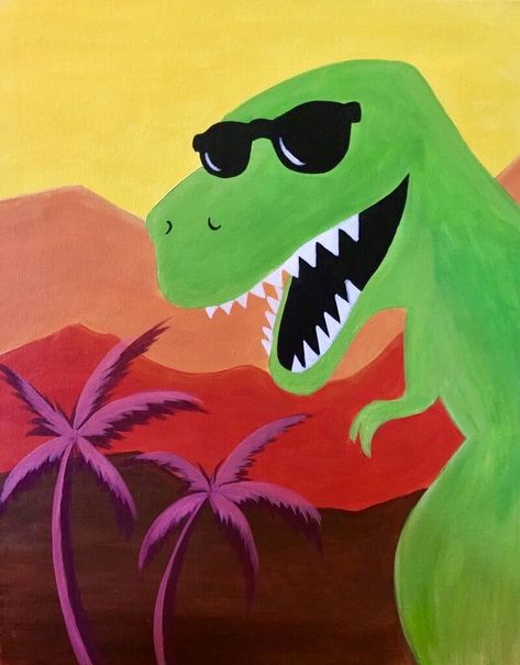 Jungle Painting Ideas, Acrylic Painting Dinosaur, T Rex Painting Easy, Boys Painting Ideas, Easy Painting For Kids On Canvas, Dino Painting Easy, Dinosaur Painting Easy, Easy Dinosaur Painting, T Rex Painting