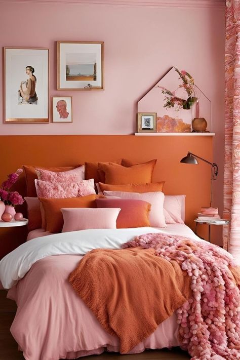 Peach Colored Rooms Bedrooms, Orange Pink Bedroom, Orange And Pink Bedroom, Orange Bedroom Walls, Burnt Orange Bedroom, Peach Bedroom, Coral Bedroom, Pink Bedroom Ideas, Orange Rooms