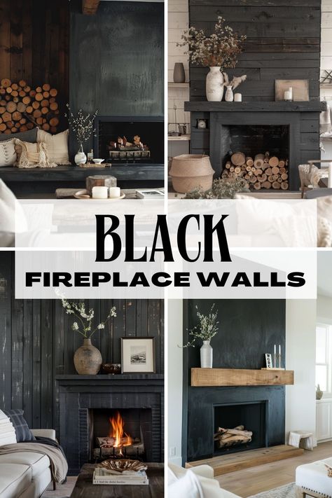 Discover over 20 stunning black fireplace designs that add elegance and sophistication to any home. Whether you're looking for a modern touch or a classic look, these ideas will inspire your next renovation. Modern Farmhouse Black Fireplace Ideas, Black Wallpaper Fireplace Wall, Floor To Ceiling Black Fireplace, Fireplace Black Brick, Black Painted Fireplace Surround, Black Fireplace Decor Ideas, Black Roman Clay Fireplace, Modern Fireplace Makeover Ideas, Black Fireplace Modern