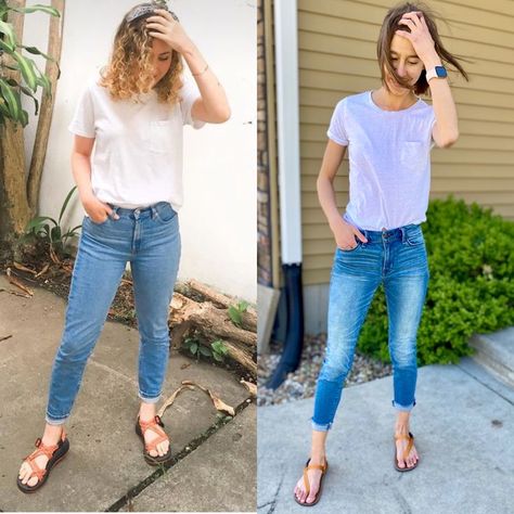 A collage of a woman standing and smiling wearing jeans, a white t shirt and orange Chacos. On the right is another woman wearing a similar outfit and posing in the same way but wearing barefoot sandals - the Earth Runners grounding sandals How To Wear Chacos, Chacos Sandals Outfit, Outfits With Chacos, Chaco Outfits, Chacos Outfit, Earth Runners, Minimalist Sandals, Chacos Sandals, Earth Shoes