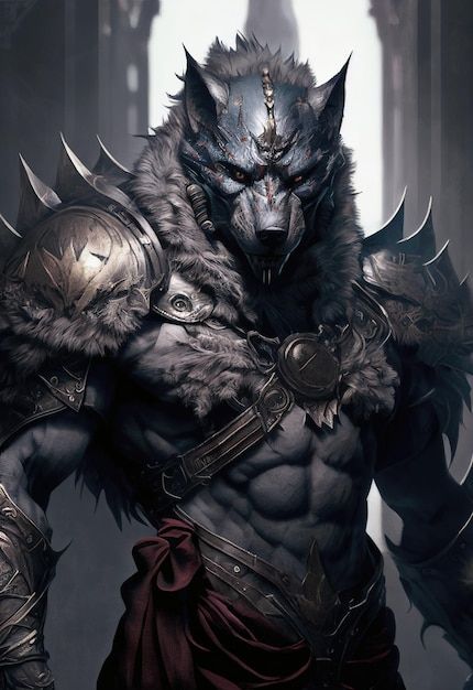 Anthropomorphic wolf warrior generated b... | Premium Photo #Freepik #photo #ai-art #generative-ai #wolf-illustration #illustration-art Giant Black Wolf Fantasy Art, Wolf Man Art, Alpha Werewolf Art, Dnd Werewolf, Anthropomorphic Wolf, Wolf Art Drawing, Animal Warrior, Wolf People, Wolf Warrior