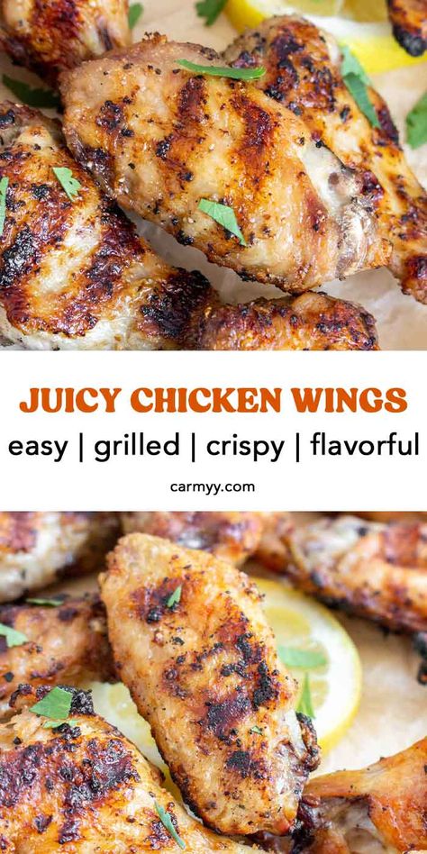 These crispy grilled chicken wings make for a wonderful delicious appetizer or simple dinner. The skin is grilled until golden and crispy, and the meat is so tender and juicy! This is my go-to classic, foolproof recipe for perfectly grilled chicken wings every time you fire up the grill. You’ll want to make these all summer long! Crispy Grilled Chicken, Grilled Chicken Wings Recipe, Healthy Chicken Wings, Cheesy Chicken Recipes, Juicy Grilled Chicken, Wing Sauce Recipes, Grilled Wings, Easy Grilling Recipes, Grilled Chicken Wings