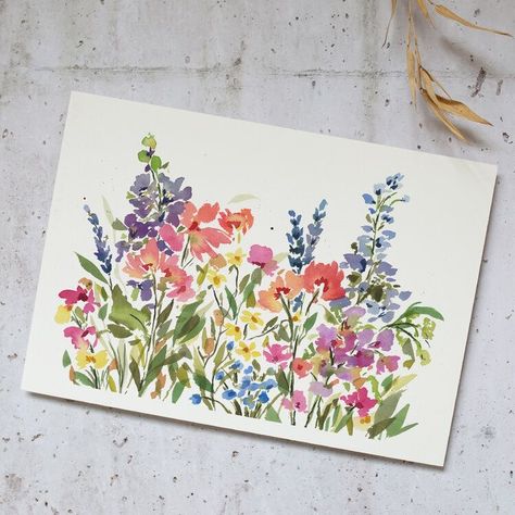 Flower Art Painting Easy, Floral Wreath Painting, Wildflower Drawings, Wildflower Field Painting, Dahlia Watercolor, Wreath Painting, Painting Scenery, Wildflower Painting, Watercolour Ideas