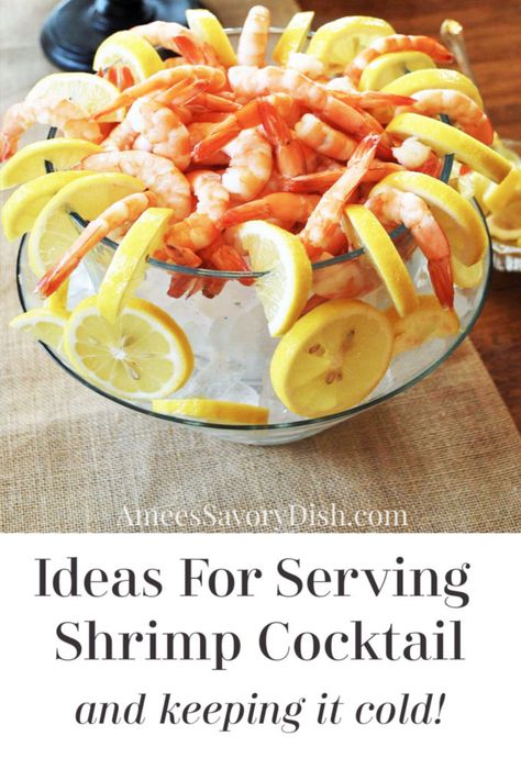 An elegant presentation for shrimp cocktail and simple way to keep shrimp cold and fresh at your next party or holiday gathering. How To Keep Shrimp Cocktail Cold, How To Keep Shrimp Cold At Party, Ways To Serve Shrimp Cocktail, Party Shrimp Cocktail, Shrimp On Ice Display, Shrimp Cocktail Serving Ideas, Shrimp Display Ideas Appetizers, Serving Shrimp Cocktail On Ice, Serving Shrimp Cocktail At A Party