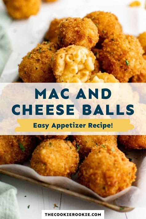 If you love mac and cheese, you are going to adore these fried appetizers! These mac and cheese balls are one one delicious bite, with their panko breadcrumb coating, they are perfectly crispy and definitely made for sharing! Max And Cheese Balls, Mac N Cheese Balls Baked, Mac And Cheese Party Decorations, Hot Cheetos Mac And Cheese Balls, Fried Mac And Cheese Balls Recipe, Homemade Mac And Cheese Bites, Macaroni Appetizers, Mac Cheese Bites Appetizers, Deep Fried Mac And Cheese Balls