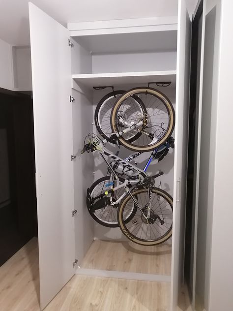 Bike Organization Ideas, Under Stair Bike Storage, Entryway Bike Storage, Bike Storage In House, Bicycle Storage Apartment Small Spaces, Mudroom Bike Storage, Bike Storage Apartment Wall, Storing Bikes In Apartment, Hidden Bike Storage