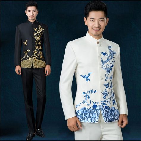 Chinese Men's Clothing, Embroidery Chinese, Wedding Dress Costume, Asian Men Fashion, Ethnic Suit, Dress Pant Suit, Chinese Wedding Dress, Slim Blazer, Suits Wedding