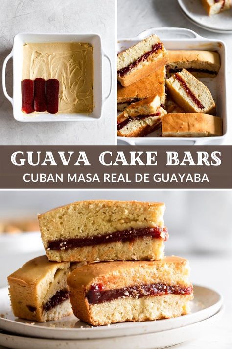 Cuban Guava Cake Bars! A layer of thick sweet guava paste sandwiched between two layers of rich, dense cake. The best dessert in all the land! #dessert #recipes Guava Desserts Recipes, Vegan Guava Recipes, Cuban Recipes Dessert, Guava Tart Recipes, Cuban Dessert Recipes, Guava Dessert Recipes, Cuban Cake Recipe, Fresh Guava Recipes, Guava Paste Recipes