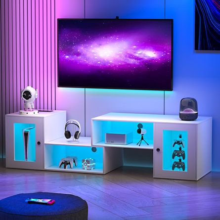 Girl Cave Ideas, Living Room Table Set, Salon Interior Design Ideas, 65 Inch Tv, Gaming Tv, Girl Cave, Tv Consoles, Kids Basement, Living Room Table Sets