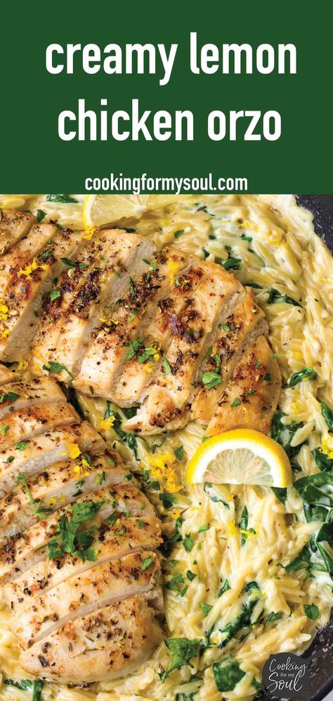 Lemon Chicken Orzo! This creamy one pot lemon chicken orzo is perfect for weeknights, and an amazing comfort food recipe. The orzo is tender, and it's tossed with fresh lemon and spinach. Lemon Chicken With Broccoli, One Skillet Lemon Butter Chicken And Orzo, Recipes With Lemon Pepper Chicken, Best Lemon Butter Chicken, Lemon Herb Chicken And Rice, One Pot Chicken And Orzo With Spinach, Creamy Lemon Orzo Salmon, Easy Healthy Orzo Recipes, Hot Orzo Recipes Dinners