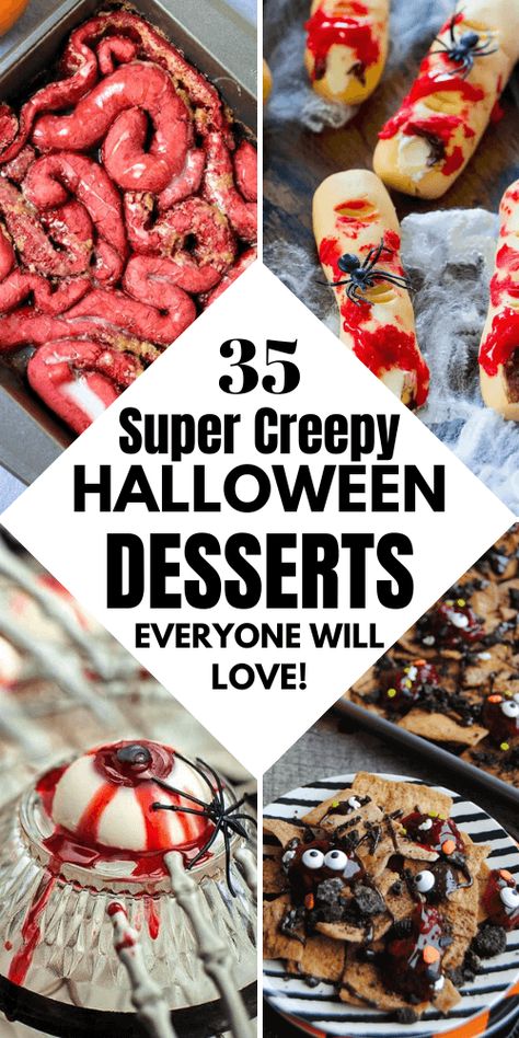 Simplify your Halloween party planning with these quick and easy dessert recipes. Perfect for kids and a adults , these Halloween treats, including vampire desserts and Halloween brownies, are sure to add a touch of horror to your celebration. Halloween Food Sweet Treats, Scary Halloween Baking Ideas, Desserts For A Halloween Party, Small Batch Halloween Desserts, Halloween Food Ideas For Desserts, Creepy Halloween Cakes Scary, Halloween Dessert Table Set Up, Ghosts In The Graveyard Dessert, Halloween Treats Spooky