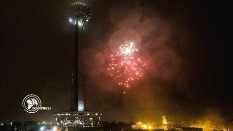 Fireworks at Tehran's Milad Tower Milad Tower, Imam Mahdi, National Symbols, Lunar Calendar, Tehran, Tourist Attraction, Fireworks, Iran, Tower