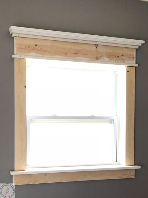 completed farmhouse window trim without paint Farmhouse Window Trim, Craftsman Window, Craftsman Window Trim, Diy Window Trim, Farmhouse Trim, Interior Window Trim, Craftsman Trim, Farmhouse Window, House Trim