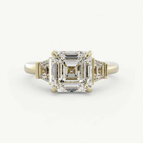 Asscher Three Stone Engagement Ring, Wedding Ring Goals, Trapezoid Side Stones, Maximalist Wedding, Ring Goals, Dream Rings, Bling Ring, Asscher Diamond, Trending Engagement Rings