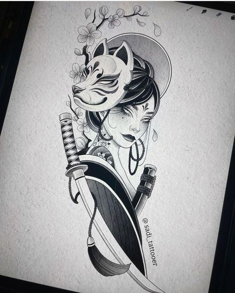 Geisha Tattoos For Women, Female Samurai Tattoo, Polka Tattoo Designs, Japanese Geisha Tattoo, Half Sleeve Tattoos Sketches, Trash Polka Tattoos, Japanese Tattoo Women, Geisha Tattoo Design, Trash Polka Tattoo Designs