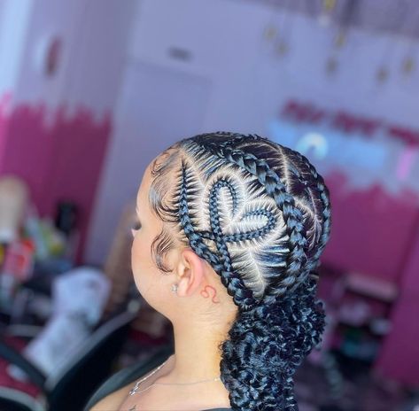 Feedin Braids Bun With Curls, Braids For Valentines Day, Braided Hairstyles With Bun, Feed In Braids Into Low Bun With Curls, Valentine’s Day Braids, Stitch Braids With Design With Bun, Braided Buns For Black Women, Heart Braids For Kids, Feed In Braids Designs