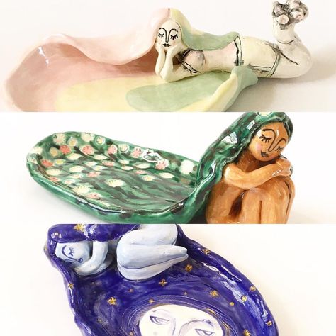 Diy Clay Goddess Statue, Ceramic Project Ideas, Diy Trinket Dish, Clay Craft Ideas, Ceramic Rainbow, Goddess Moon, Moon Rainbow, Coil Pottery, Sculpture Art Clay