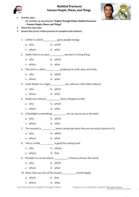 Relative Pronouns Video Activity (who / which / where / that) - People, places, and things - English ESL Worksheets for distance learning and physical classrooms Who That Which Worksheet, Pronouns Worksheet For Grade 5, Relative Pronouns Worksheet, Adult Worksheets, Pronoun Grammar, Pronouns Exercises, Pronouns Worksheet, Pronoun Activities, Relative Clauses