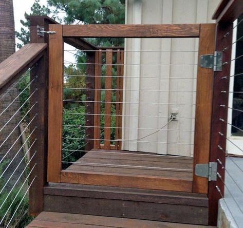 Top 50 Best Deck Gate Ideas - Backyard Designs Porch Gate, Wood Deck Railing, Deck Gate, Cable Railing Deck, Backyard Gates, Home Fencing, Garden Gate Design, Pool Gate, Laying Decking