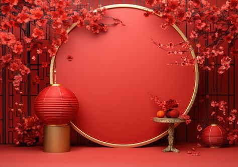 Premium Photo | Chinese New Year Celebration photo studio backdrop with traditional decorations lanterns and symbols of prosperity Chinese New Year Flowers, Chinese New Year Backdrop, Chinese New Year Decor, Cny Decoration, Chinese New Year Flower, Twins Party, Chinese New Year Celebration, Cherry Flowers, Chinese Background