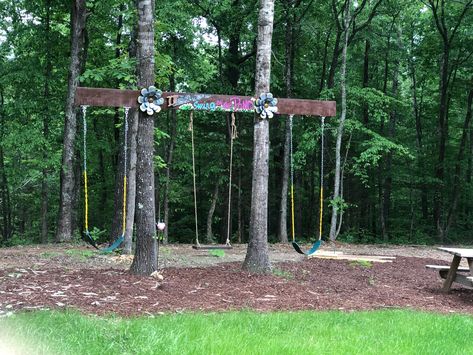 Swings Between Two Trees, Tree House Between 2 Trees, Bunkie Interior, Tree Swings Diy, Swing Set Diy, Kids Yard, Diy Swing, Backyard Kids Play Area, Natural Play