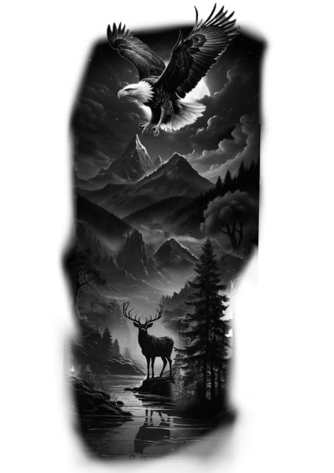 Deer Hunting Tattoos, Eagle Shoulder Tattoo, Forest Forearm Tattoo, Unique Animal Tattoos, Elk Tattoo, Outdoor Tattoo, Infinity Tattoo With Feather, Deer Tattoo Designs, Wood Tattoo