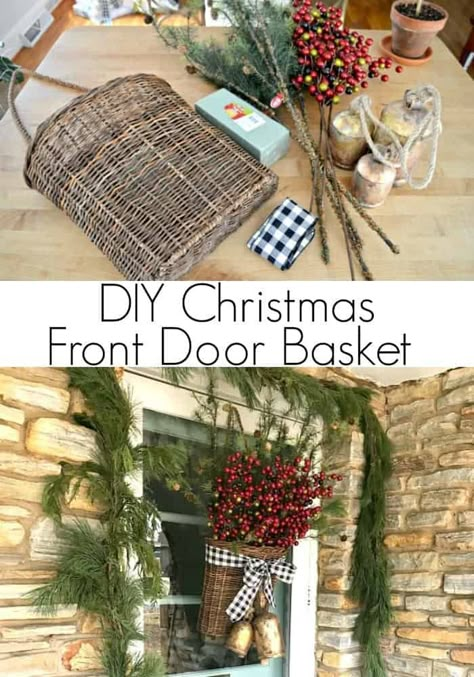 A simple DIY Christmas front door basket to add holiday color and style to your front door. Diy Christmas Front Door, Glow Stick Ideas, Front Door Basket, Front Door Baskets, Door Basket, Christmas Door Decoration, Basket Wreath, Christmas Front Door, Christmas Front Doors