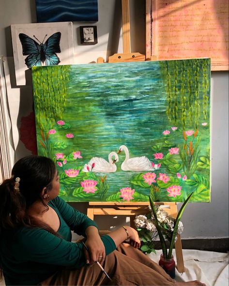 Lily Pond Painting Easy, Lily Pond Painting, Pond Painting, Water Lily Pond, Easy Canvas, Painting Easy, Canvas Drawings, Clay Craft, Easy Canvas Painting