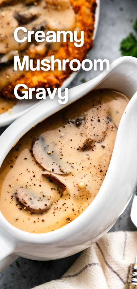 A top view image into a white gravy boat holding creamy mushroom gravy. Cream Of Mushroom Gravy, Mushroom Gravy Recipe Easy, Easy Mushroom Gravy, Cream Gravy Recipe, Creamy Mushroom Gravy, Bacon Gravy, Easy Gravy Recipe, Mushroom Gravy Recipe, Cream Gravy