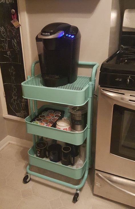 Coffee Station Cart Ideas, Student Coffee Cart, Utility Cart Coffee Bar, Coffee Cart Ideas Dorm, Keurig Coffee Station Small Office, Coffee Bar Ideas For Classroom, Office Keurig Station, Coffee Bar Cart Ideas Small Spaces, Dorm Coffee Cart