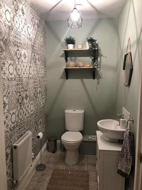 English sage painted walls with tile wallpaper in the downstairs loo. So pleased with how this turned out 👏🏼 Sage Toilet Room, Sage Downstairs Toilet, Wallpaper In Small Hallway, Green Downstairs Toilet, Small Wc Ideas Downstairs Loo, Downstairs Toilet Ideas, Wallpaper Toilet, Understairs Toilet, Bathroom Moodboard